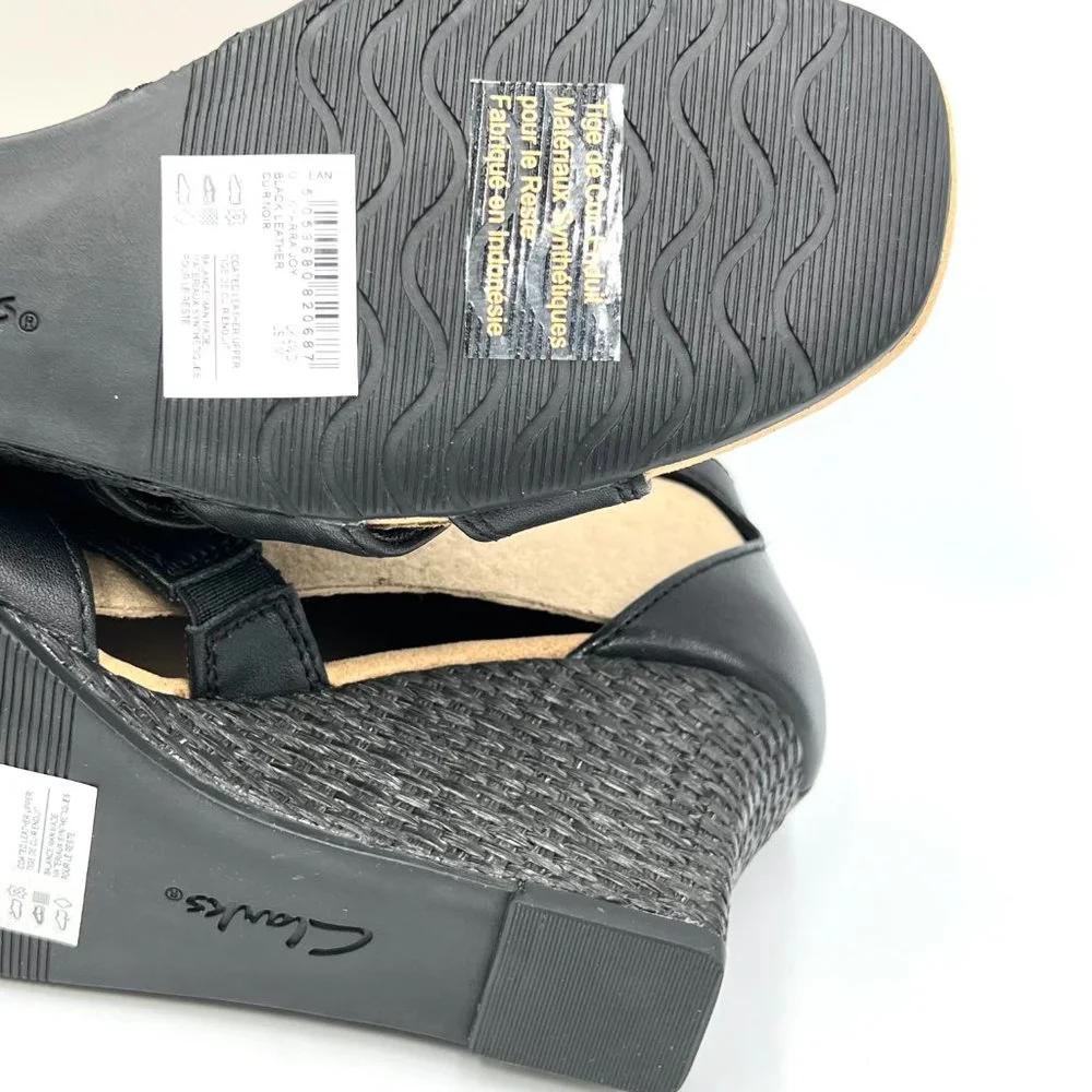 Clarks Womens Size 7 7M Kyarra Joy Black Leather Wedges‎ Sandals Shoes